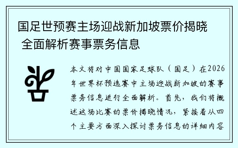 国足世预赛主场迎战新加坡票价揭晓 全面解析赛事票务信息
