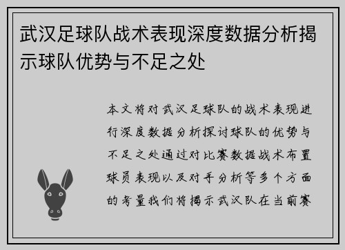 武汉足球队战术表现深度数据分析揭示球队优势与不足之处