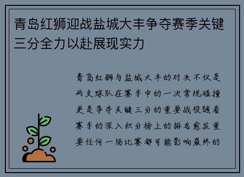 青岛红狮迎战盐城大丰争夺赛季关键三分全力以赴展现实力